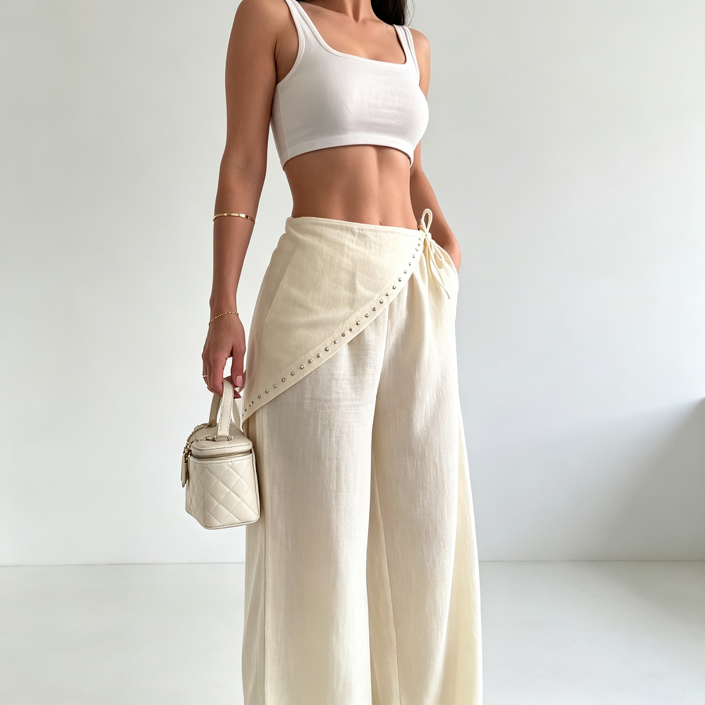 Asymmetric Studded Wrap Wide-Leg Pants