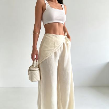 Asymmetric Studded Wrap Wide-Leg Pants