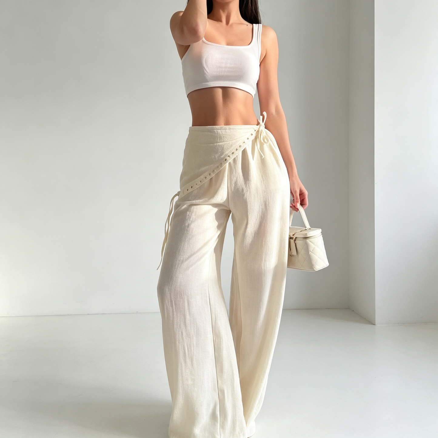 Asymmetric Studded Wrap Wide-Leg Pants