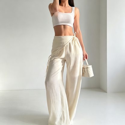 Asymmetric Studded Wrap Wide-Leg Pants