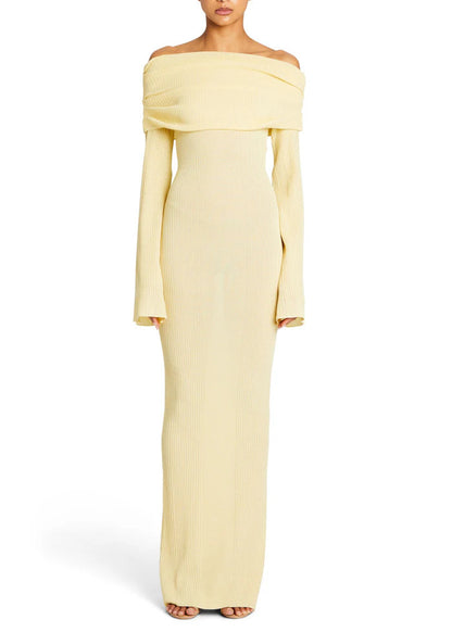 Sexy Off-Shoulder Long Sleeve Ribbed Knit Bodycon Dress – Solid Color Midi