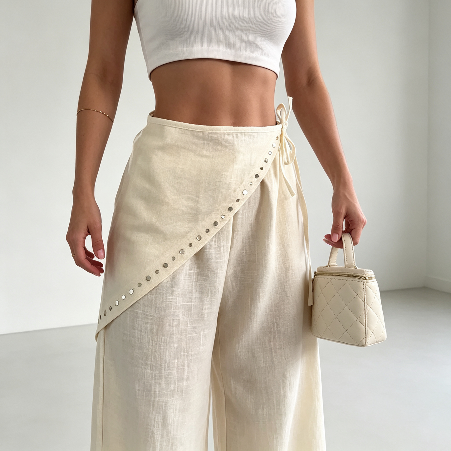 Asymmetric Studded Wrap Wide-Leg Pants