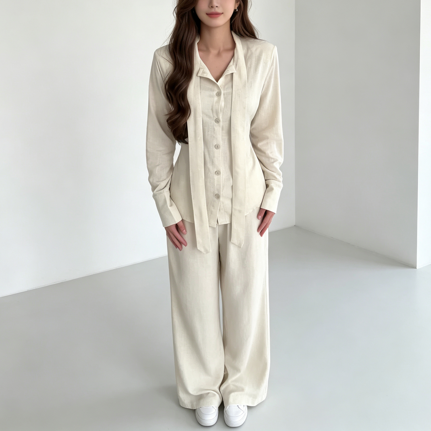 Elegant Drape Scarf Blouse & Wide-Leg Pants Matching Set