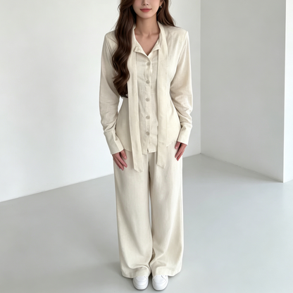 Elegant Drape Scarf Blouse & Wide-Leg Pants Matching Set