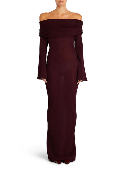 Sexy Off-Shoulder Long Sleeve Ribbed Knit Bodycon Dress – Solid Color Midi