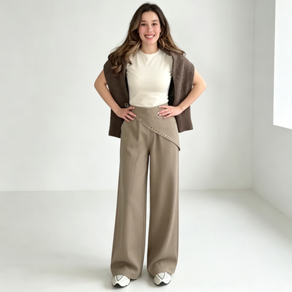Asymmetric Studded Wrap Wide-Leg Pants