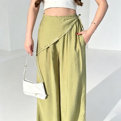 Asymmetric Studded Wrap Wide-Leg Pants