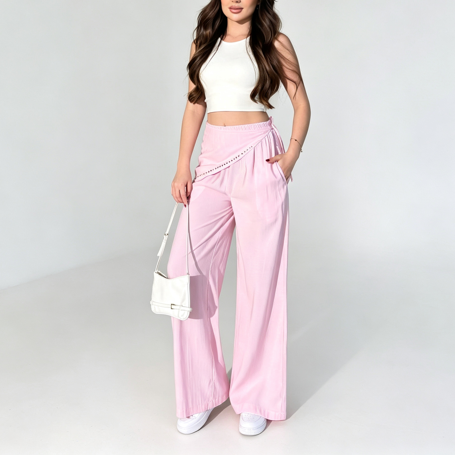 Asymmetric Studded Wrap Wide-Leg Pants