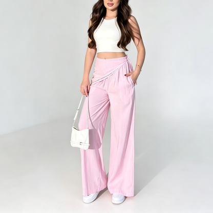 Asymmetric Studded Wrap Wide-Leg Pants