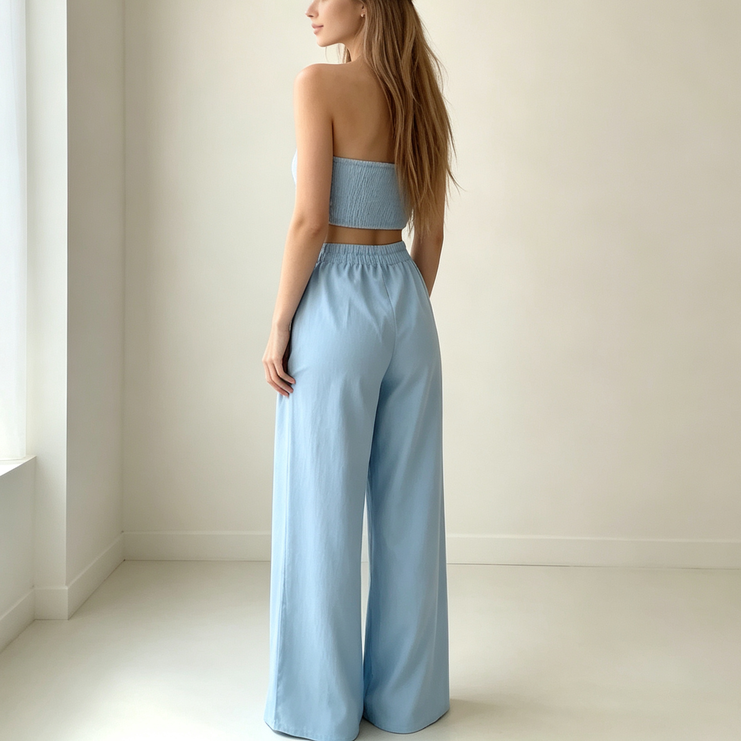 Flowy Halter Crop Top with Drape Sleeves & Wide-Leg Pants Set