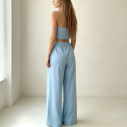 Flowy Halter Crop Top with Drape Sleeves & Wide-Leg Pants Set