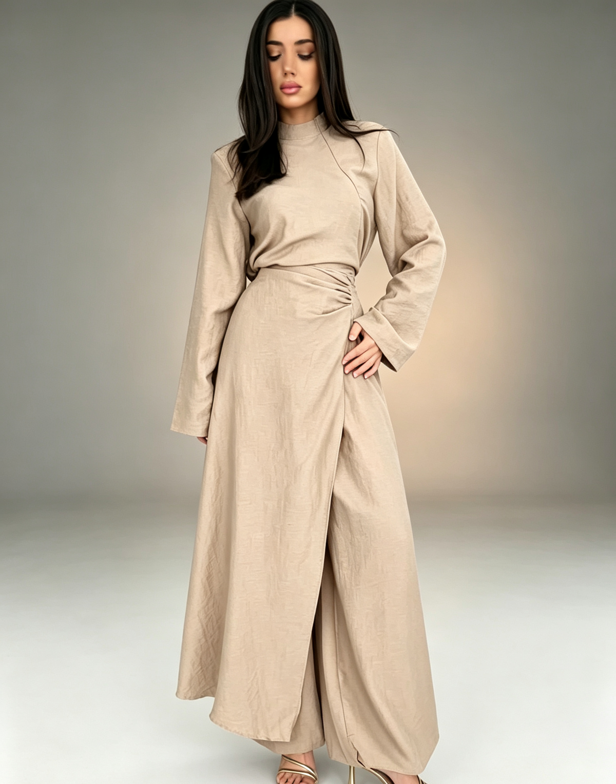 Long Sleeve Wrap Top & Wide-Leg Pants Set