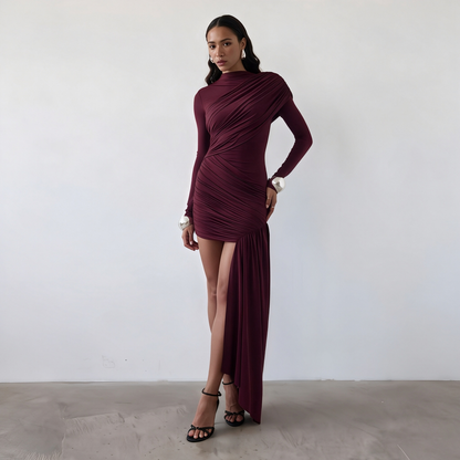 Ruched High-Neck Asymmetric Maxi-Train Mini Dress