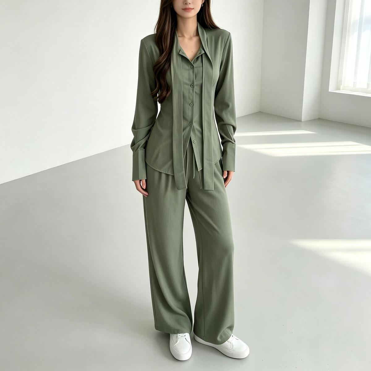 Elegant Drape Scarf Blouse & Wide-Leg Pants Matching Set