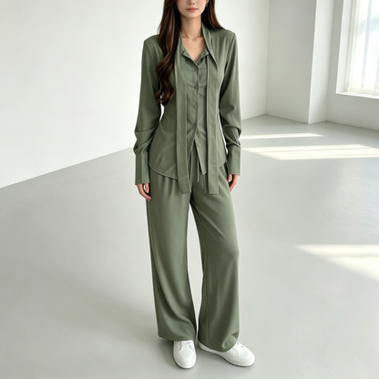 Elegant Drape Scarf Blouse & Wide-Leg Pants Matching Set