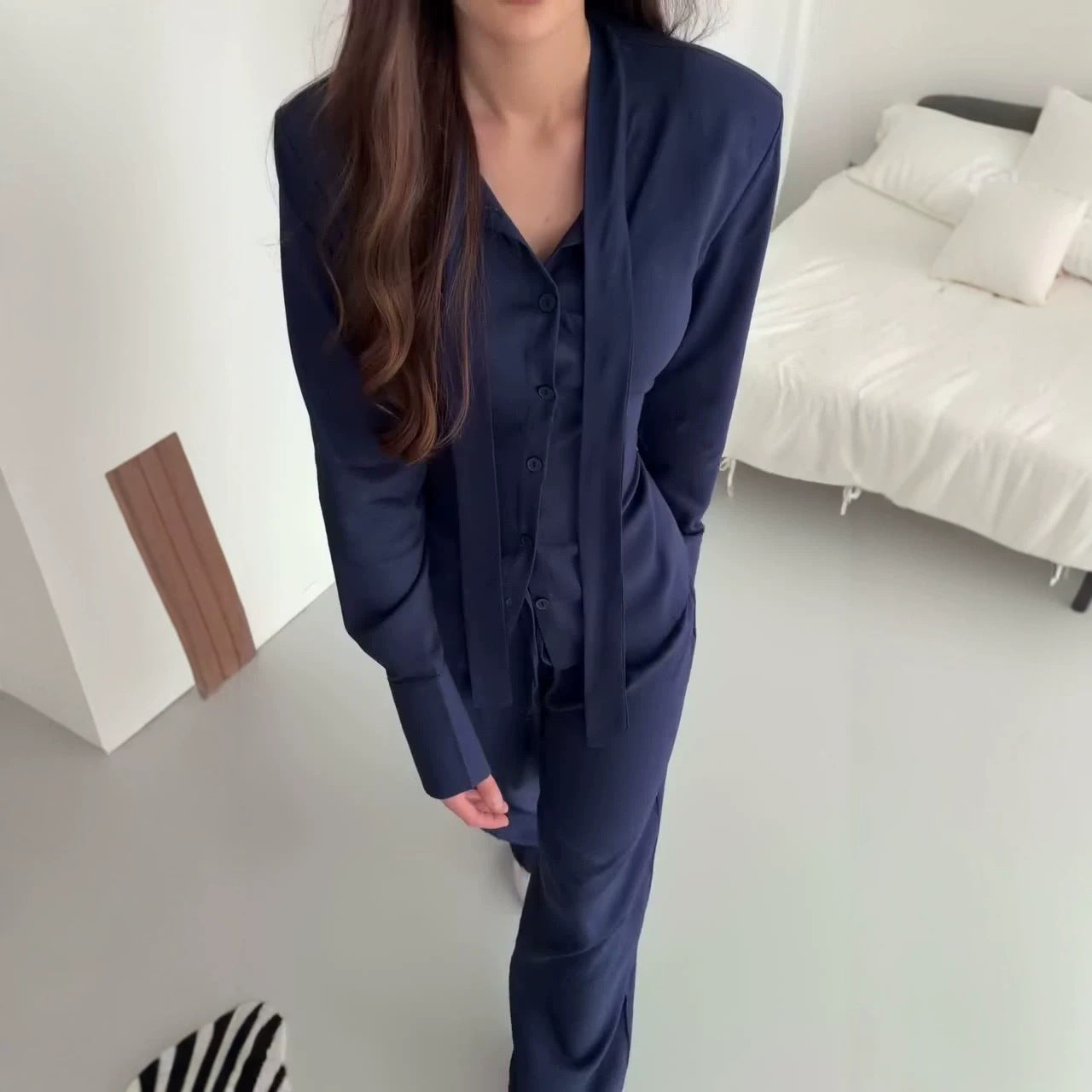 Elegant Drape Scarf Blouse & Wide-Leg Pants Matching Set
