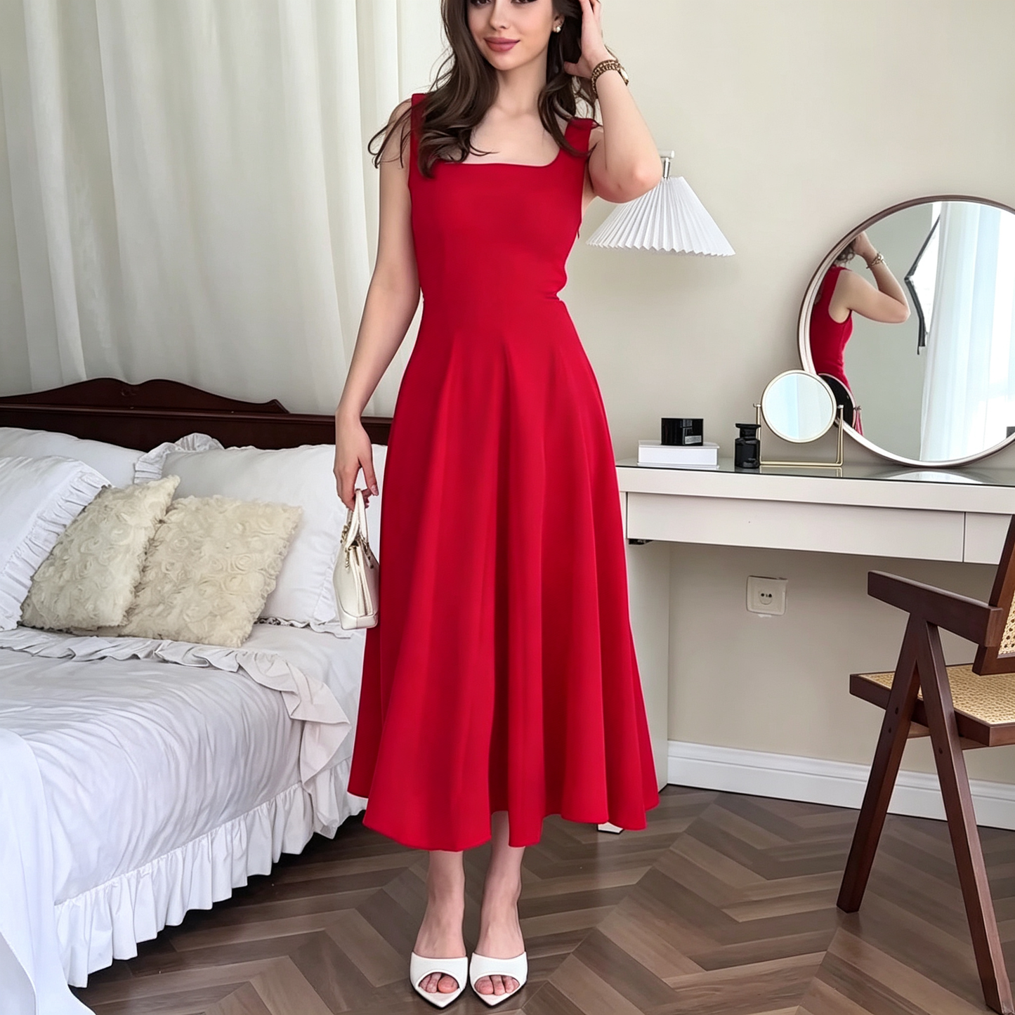 Elegant Square Neck Sleeveless Midi Dress with Flared Skirt
