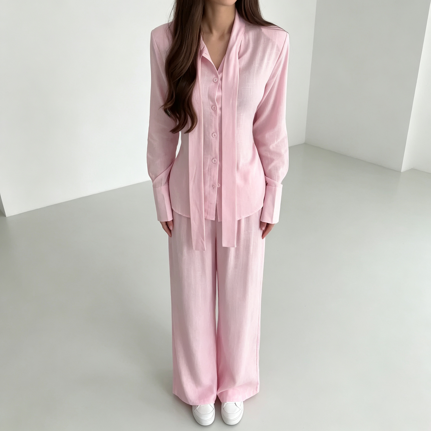 Elegant Drape Scarf Blouse & Wide-Leg Pants Matching Set