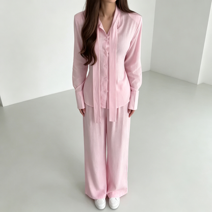 Elegant Drape Scarf Blouse & Wide-Leg Pants Matching Set