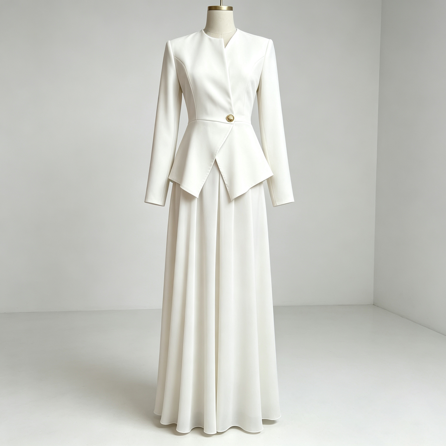 Elegant White Peplum Jacket & Maxi Skirt Set