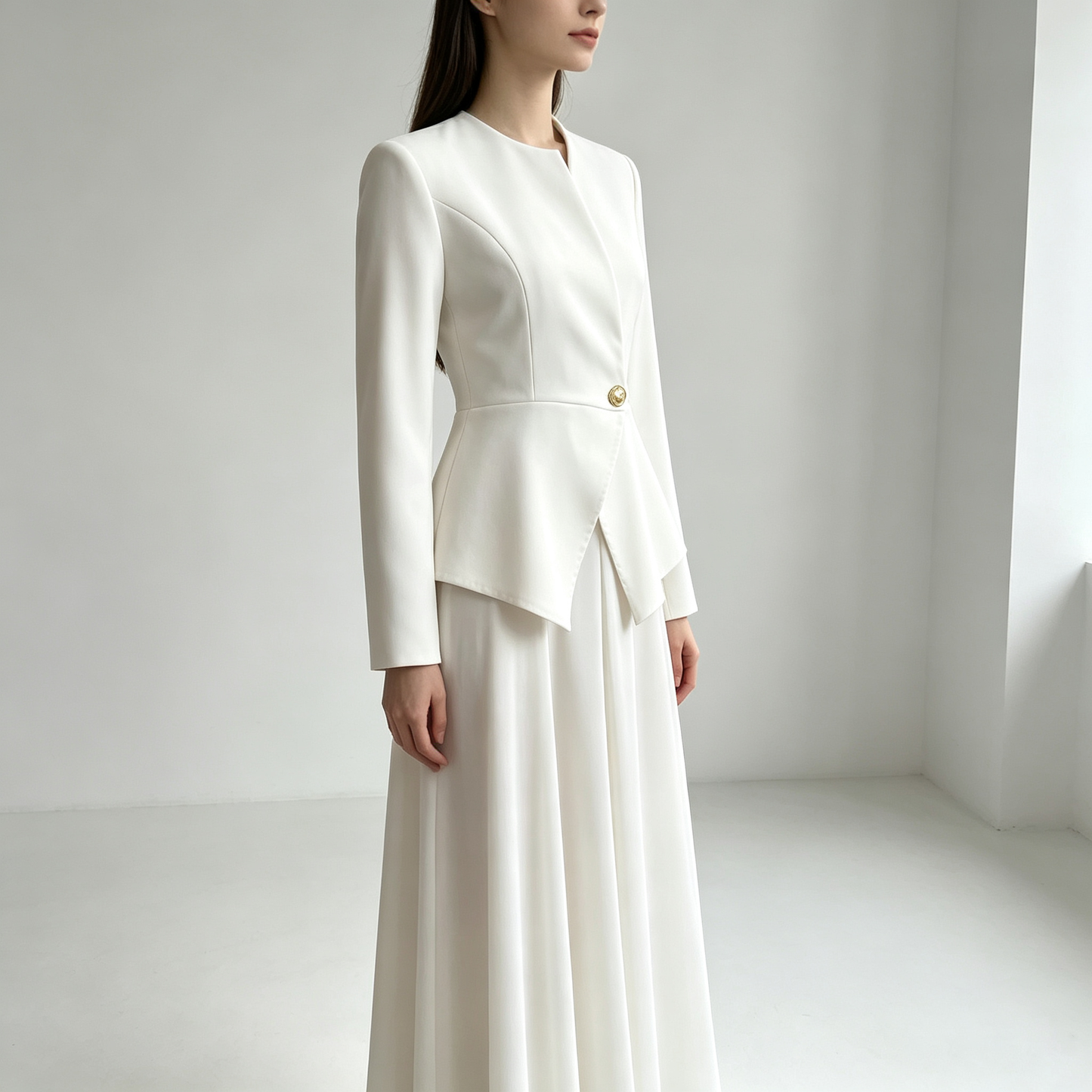 Elegant White Peplum Jacket & Maxi Skirt Set