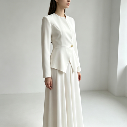 Elegant White Peplum Jacket & Maxi Skirt Set