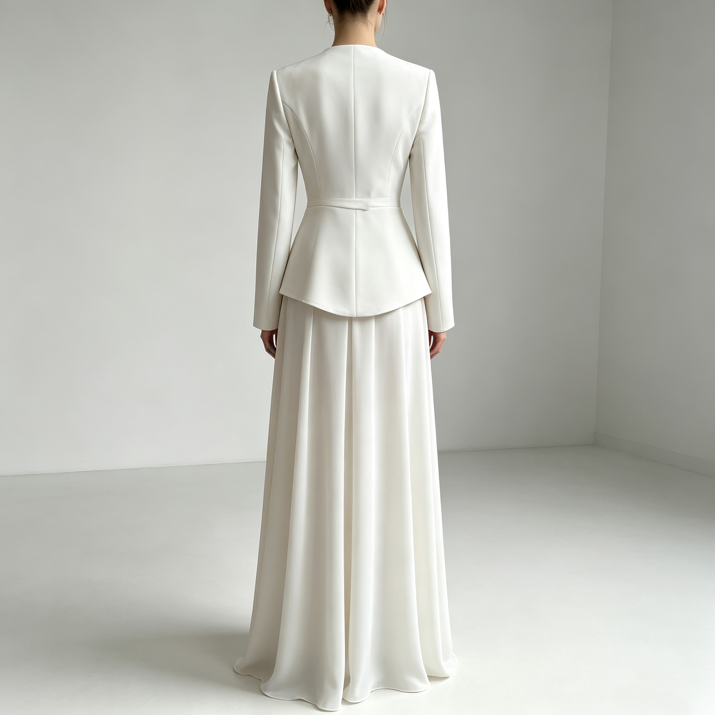 Elegant White Peplum Jacket & Maxi Skirt Set