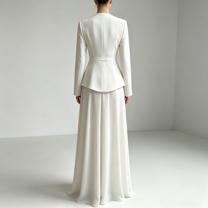 Elegant White Peplum Jacket & Maxi Skirt Set