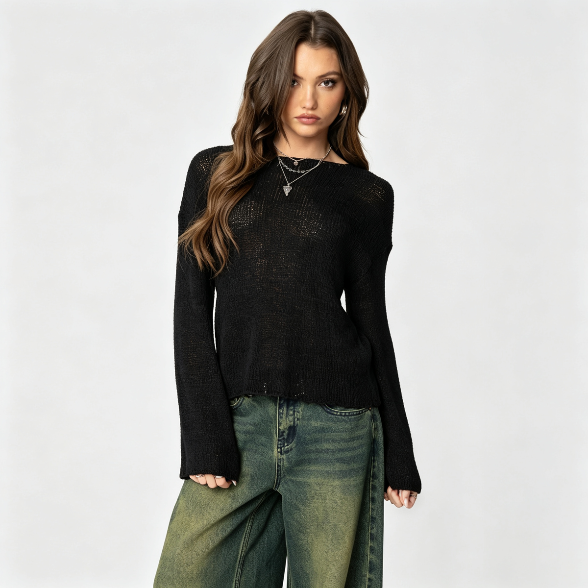 Effortless Open-Knit Long Sleeve Sweater with Bell Sleeves
