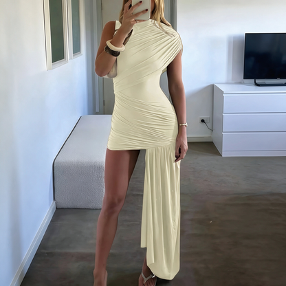 Ruched High-Neck Asymmetric Maxi-Train Mini Dress