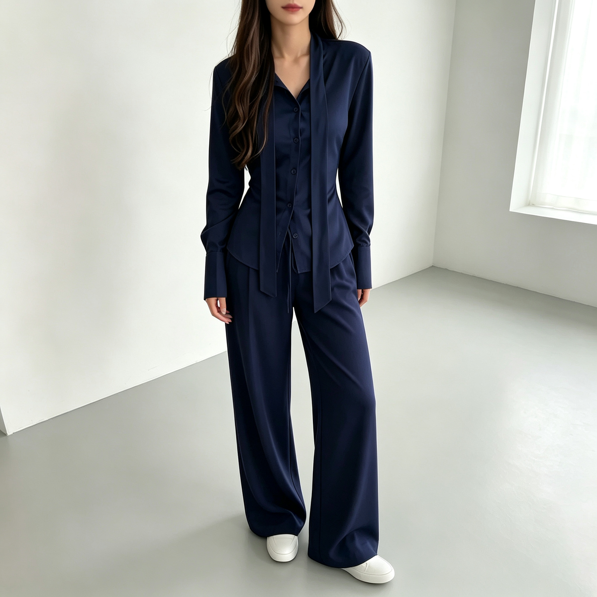 Elegant Drape Scarf Blouse & Wide-Leg Pants Matching Set