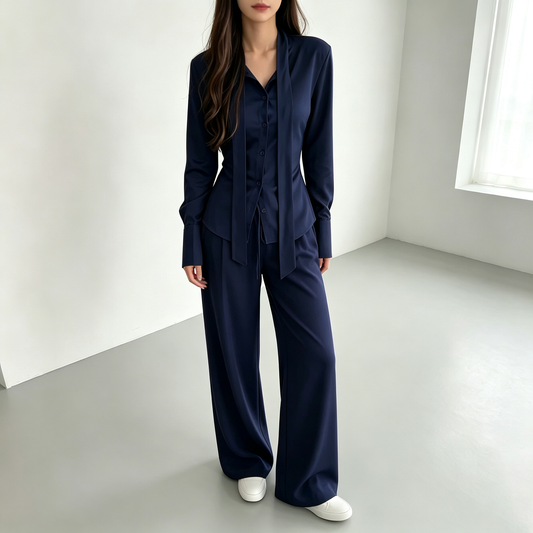 Elegant Drape Scarf Blouse & Wide-Leg Pants Matching Set