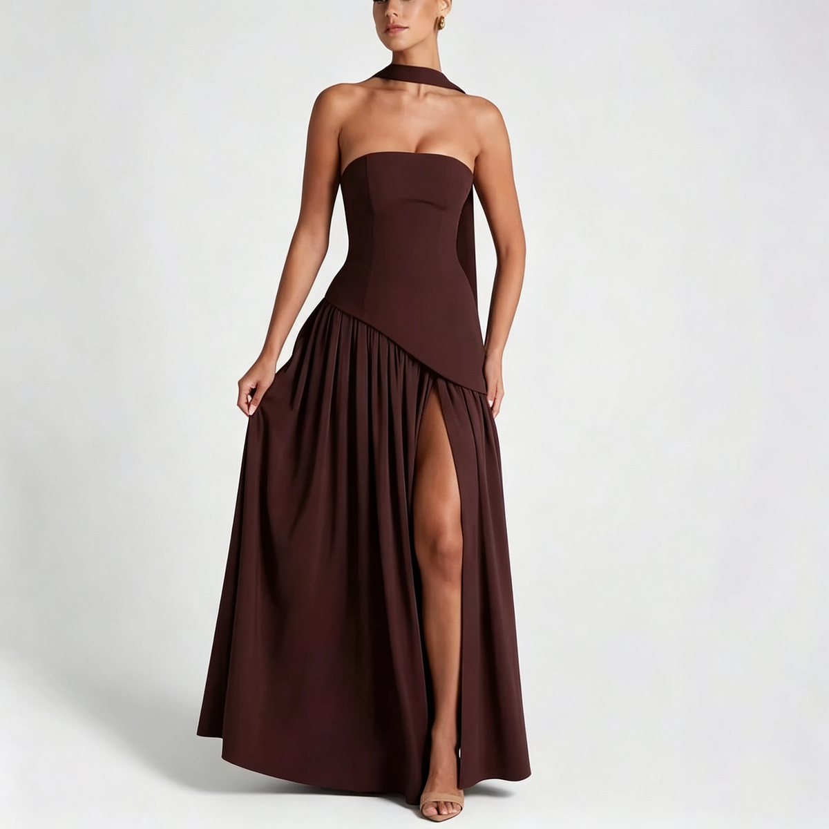 Elegant Strapless High-Slit Maxi Evening Gown with Matching Neck Scarf
