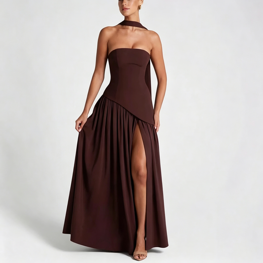 Elegant Strapless High-Slit Maxi Evening Gown with Matching Neck Scarf