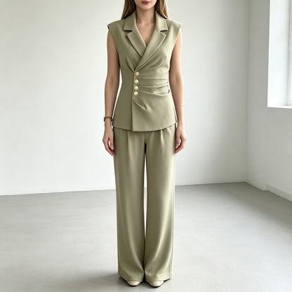 Elegant V-Neck Sleeveless Vest & Wide-Leg Pants Set