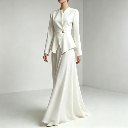 Elegant White Peplum Jacket & Maxi Skirt Set