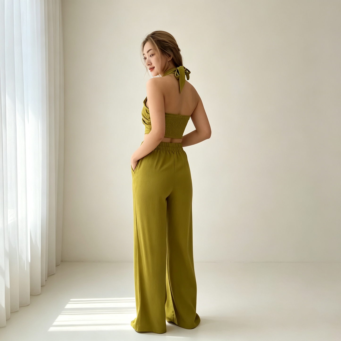 Flowy Halter Crop Top with Drape Sleeves & Wide-Leg Pants Set