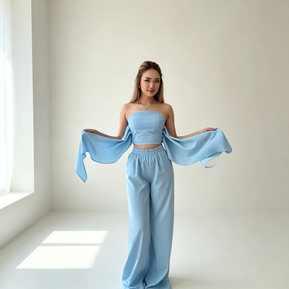 Flowy Halter Crop Top with Drape Sleeves & Wide-Leg Pants Set