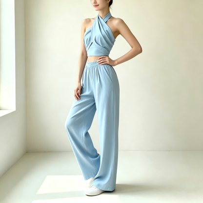 Flowy Halter Crop Top with Drape Sleeves & Wide-Leg Pants Set