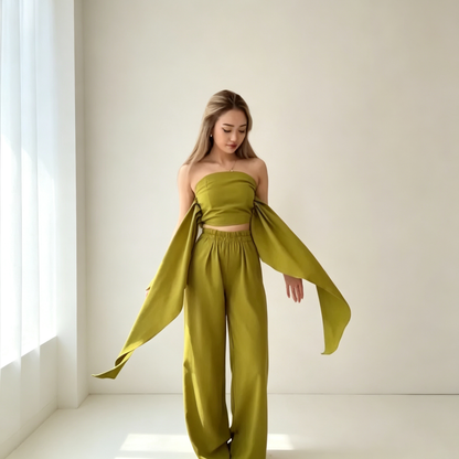 Flowy Halter Crop Top with Drape Sleeves & Wide-Leg Pants Set