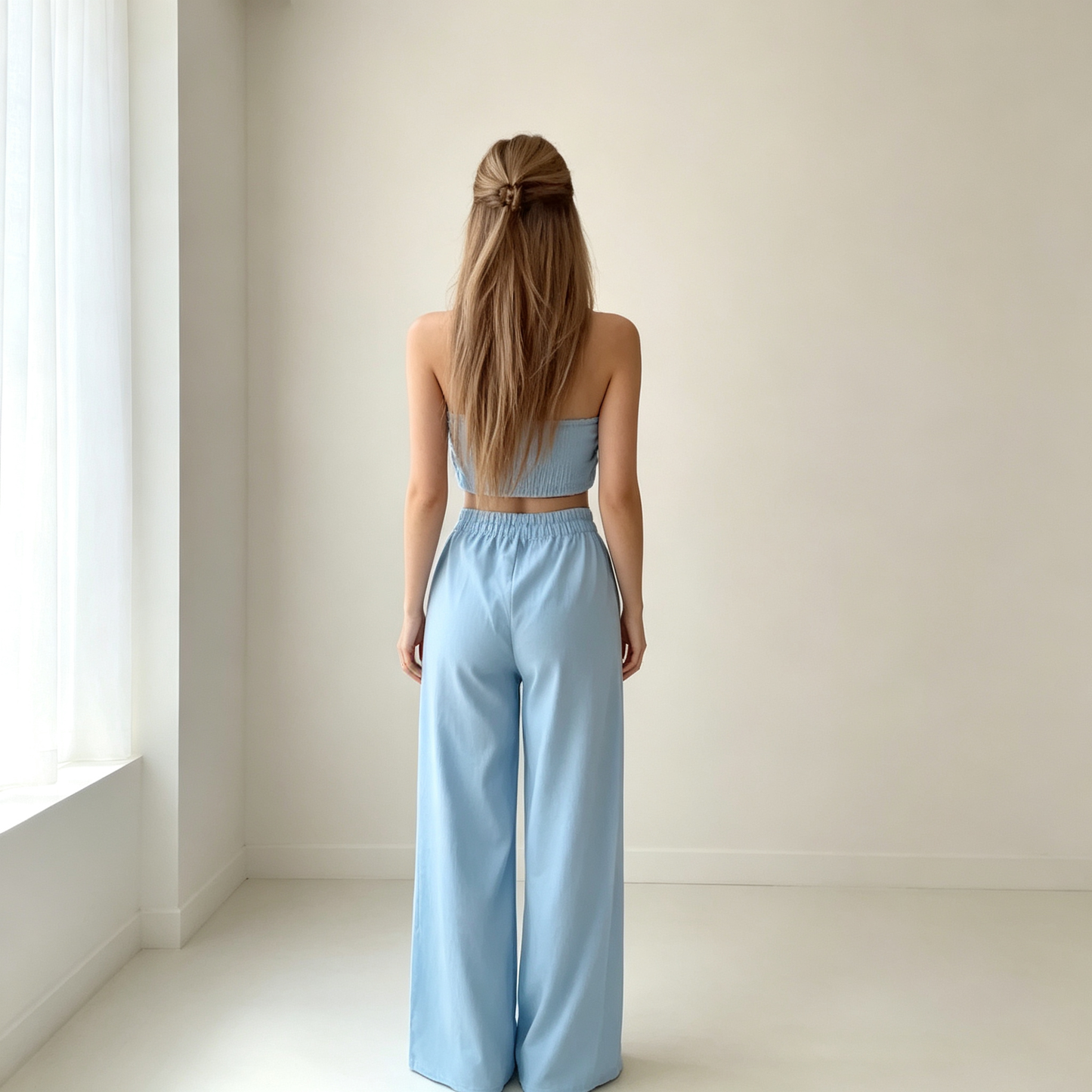 Flowy Halter Crop Top with Drape Sleeves & Wide-Leg Pants Set