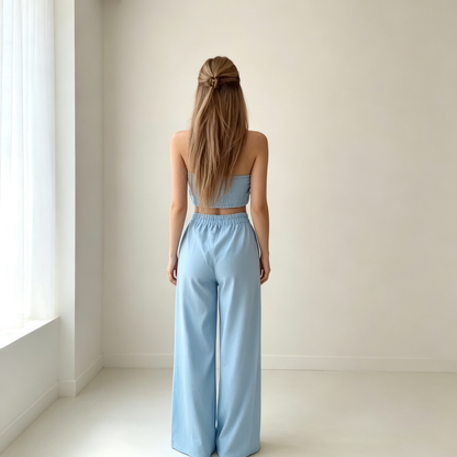 Flowy Halter Crop Top with Drape Sleeves & Wide-Leg Pants Set