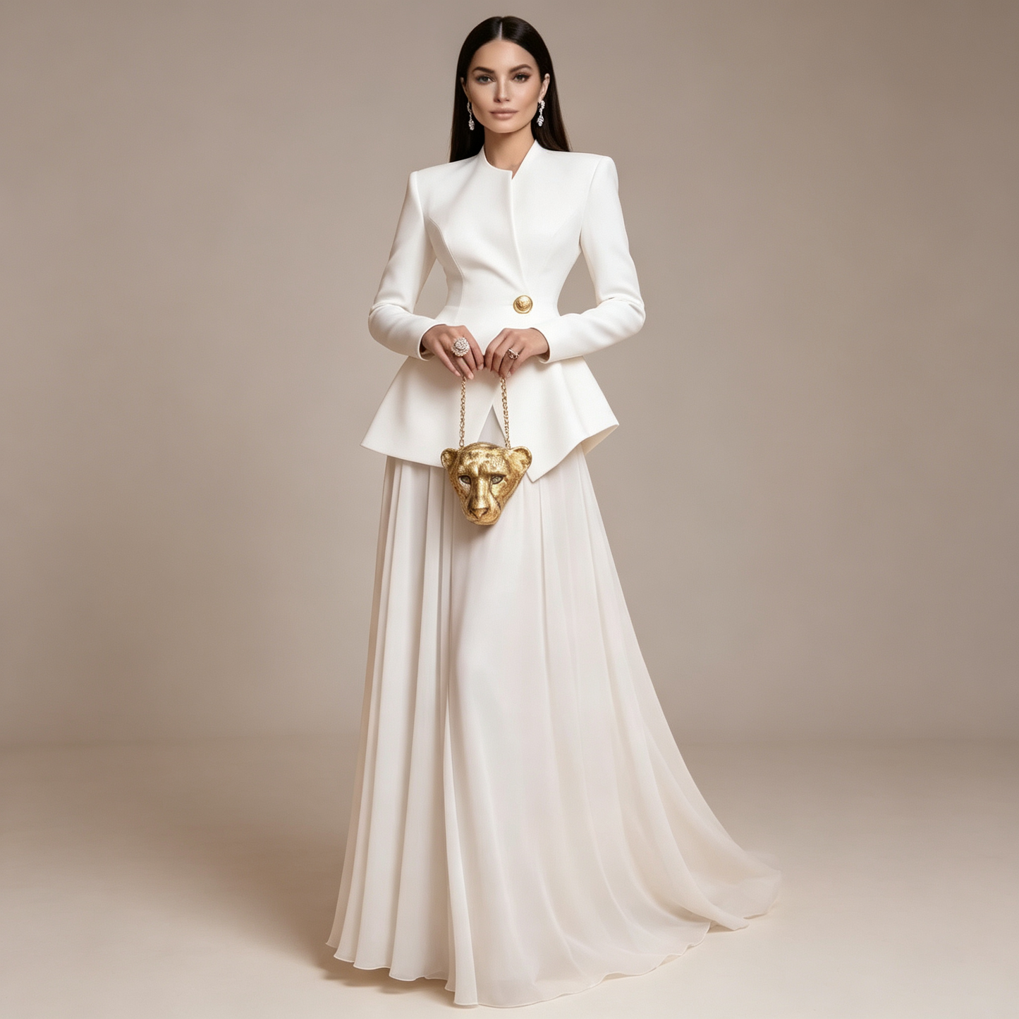 Elegant White Peplum Jacket & Maxi Skirt Set