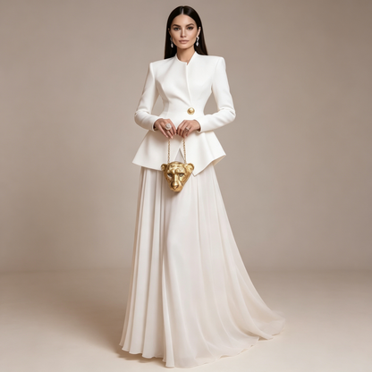 Elegant White Peplum Jacket & Maxi Skirt Set