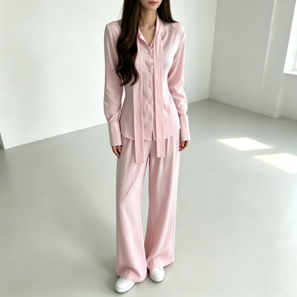 Elegant Drape Scarf Blouse & Wide-Leg Pants Matching Set