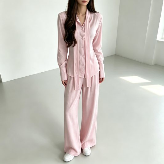 Elegant Drape Scarf Blouse & Wide-Leg Pants Matching Set