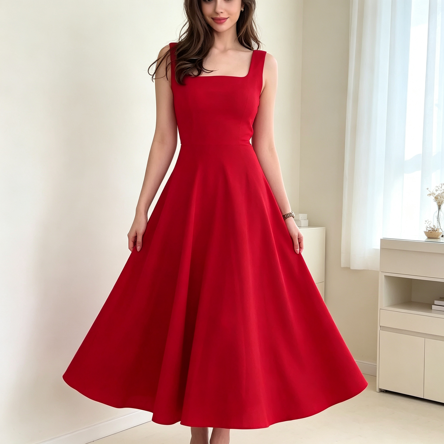Elegant Square Neck Sleeveless Midi Dress with Flared Skirt