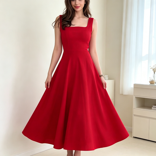 Elegant Square Neck Sleeveless Midi Dress with Flared Skirt