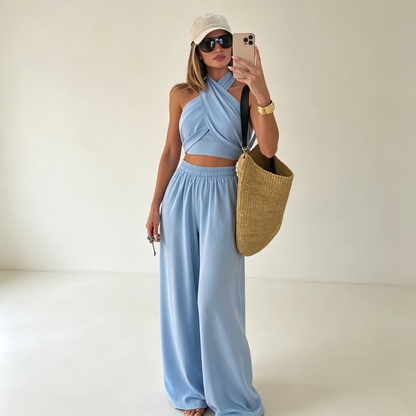 Flowy Halter Crop Top with Drape Sleeves & Wide-Leg Pants Set