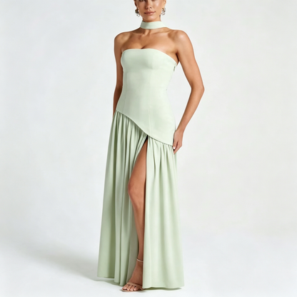 Elegant Strapless High-Slit Maxi Evening Gown with Matching Neck Scarf